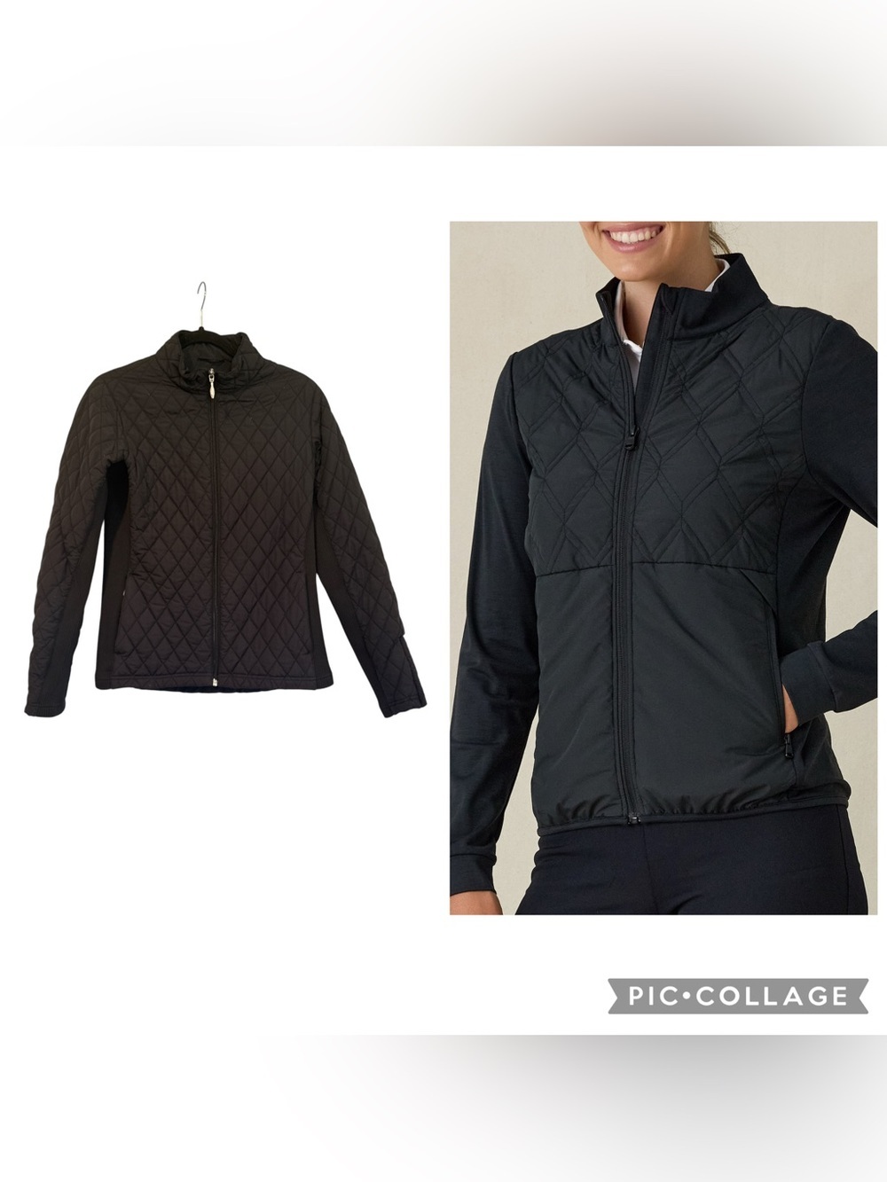Straight Down Elm Quilted Golf Jacket Black Full Zip Stretch Size M